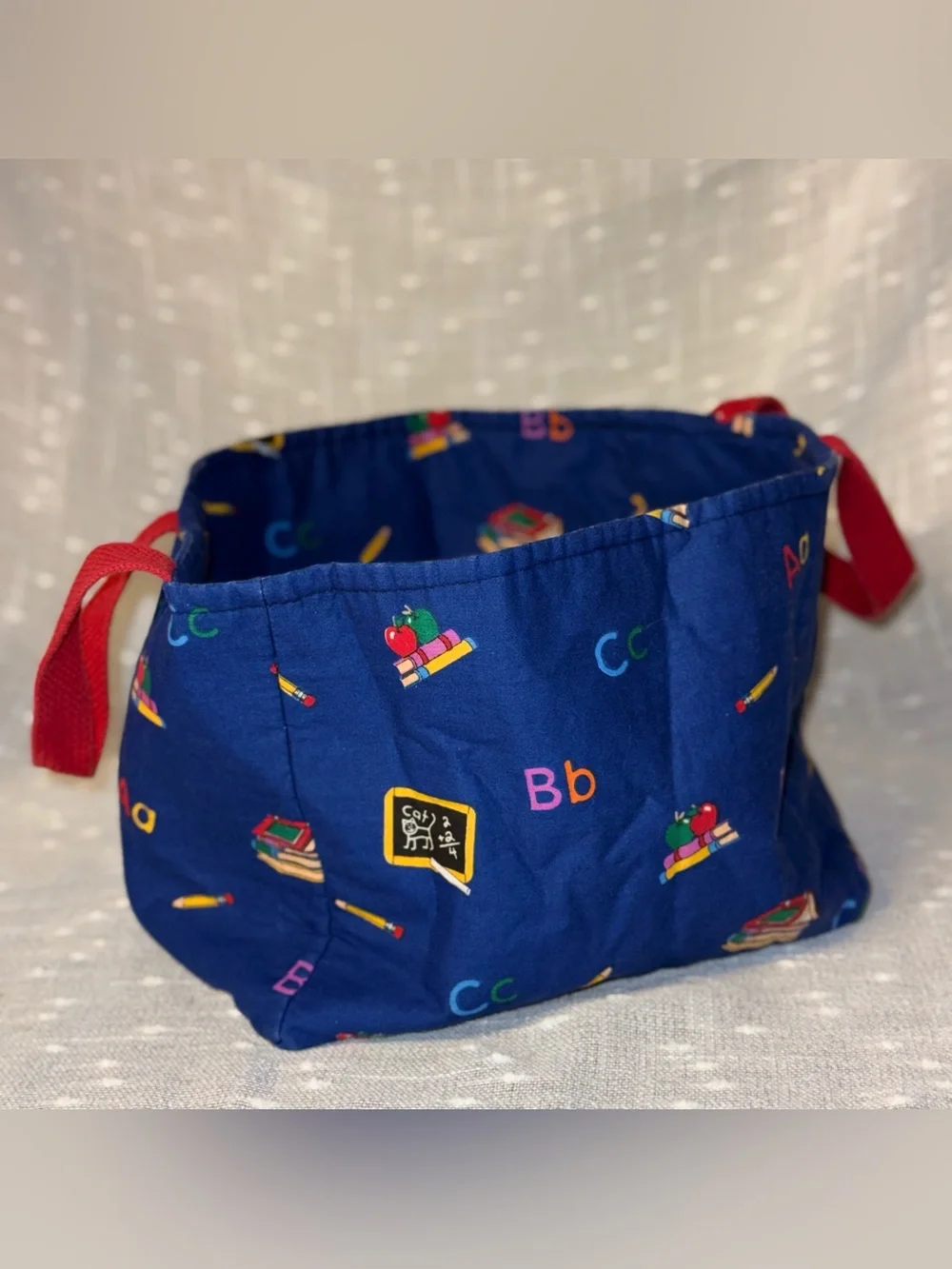 Navy Kids Fabric Storage Basket with Red Handles and ABC Print